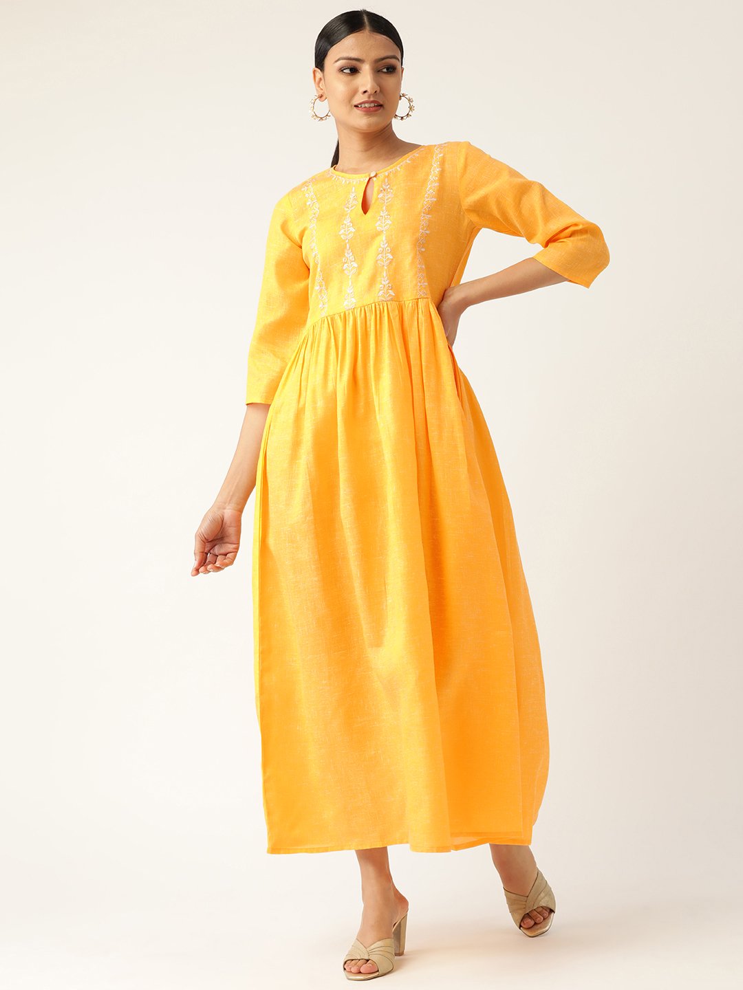 Women Yellow Solid Solid Keyhole Neck Cotton Fit and Flare Dress | NOZ2TOZ - Made In INDIA.