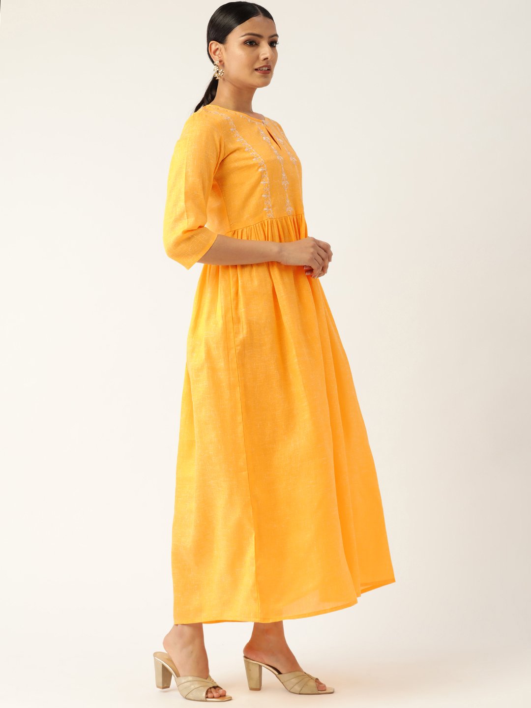 Women Yellow Solid Solid Keyhole Neck Cotton Fit and Flare Dress | NOZ2TOZ - Made In INDIA.