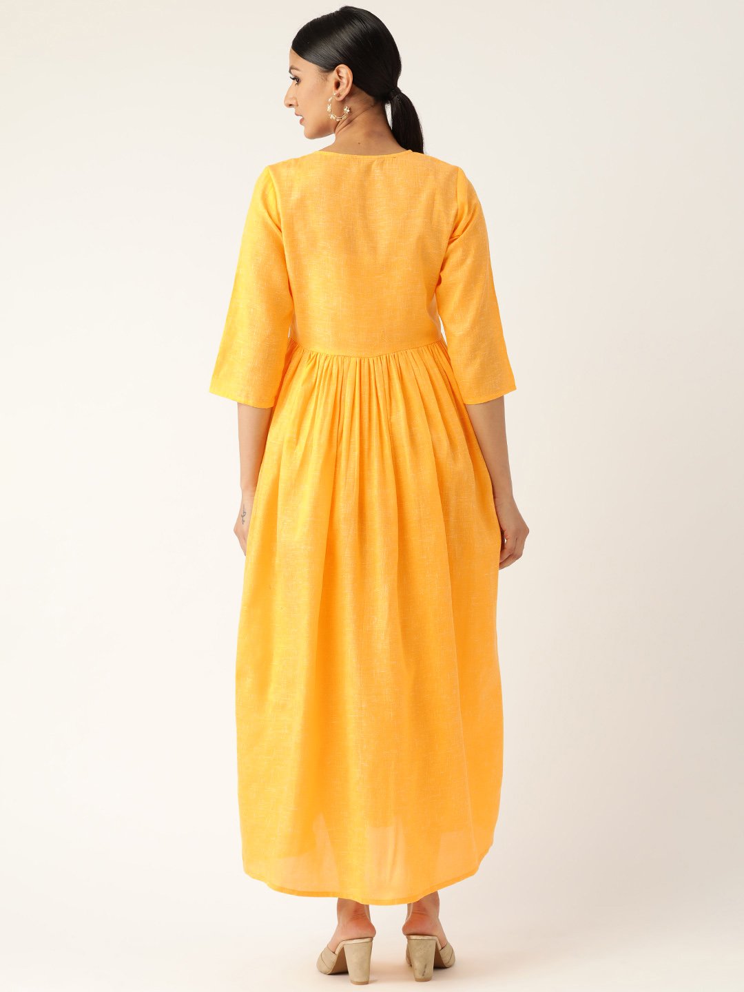 Women Yellow Solid Solid Keyhole Neck Cotton Fit and Flare Dress | NOZ2TOZ - Made In INDIA.