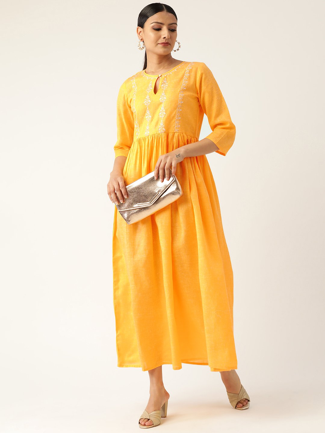 Women Yellow Solid Solid Keyhole Neck Cotton Fit and Flare Dress | NOZ2TOZ - Made In INDIA.