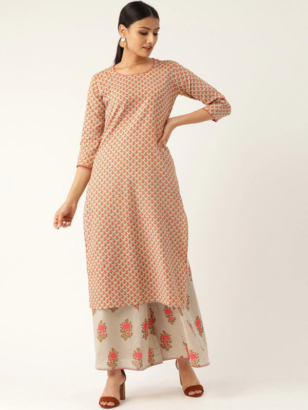 Women Beige & Pink Printed Kurta with Palazzos | NOZ2TOZ - Made In INDIA.