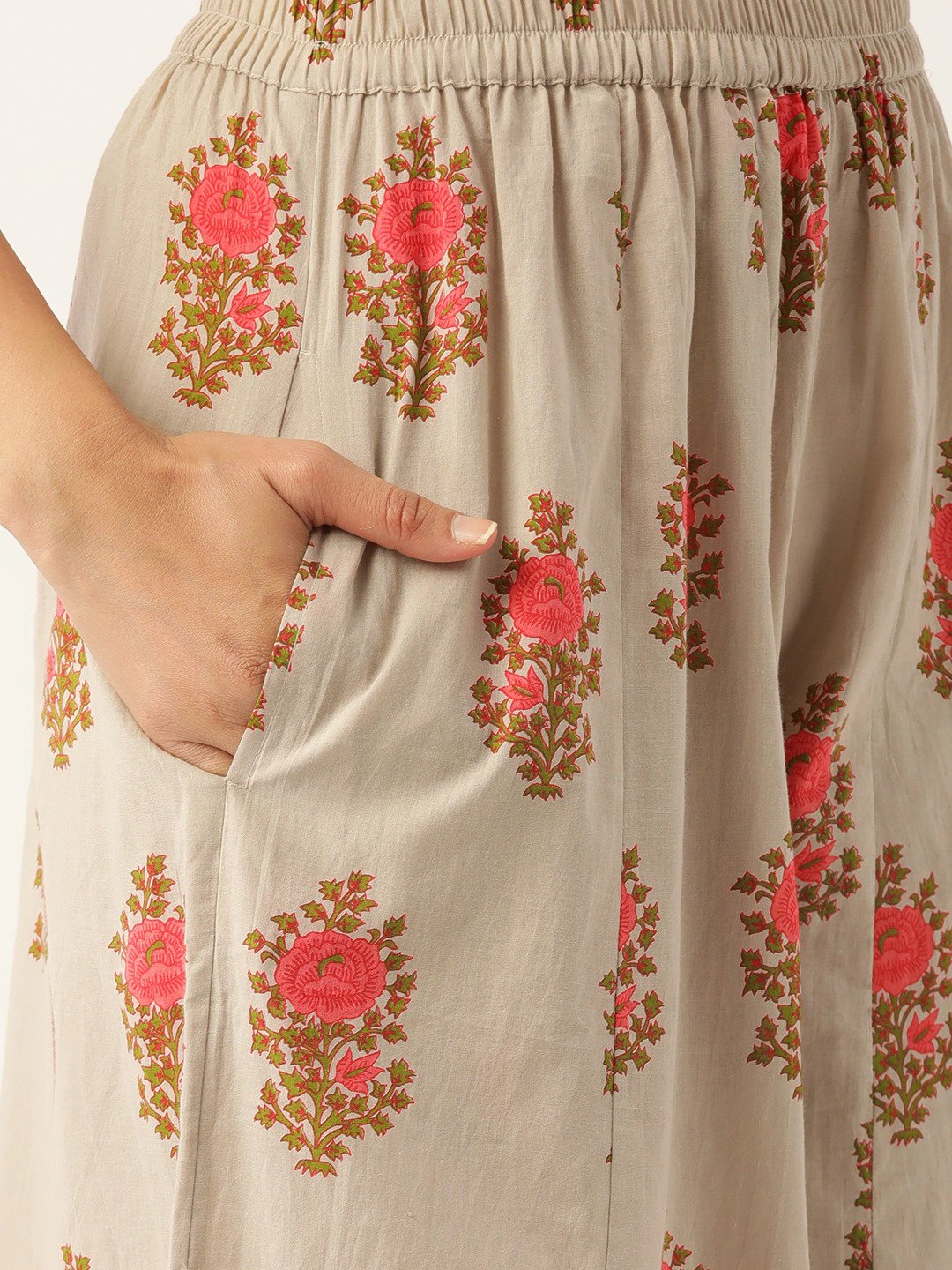 Women Beige & Pink Printed Kurta with Palazzos | NOZ2TOZ - Made In INDIA.