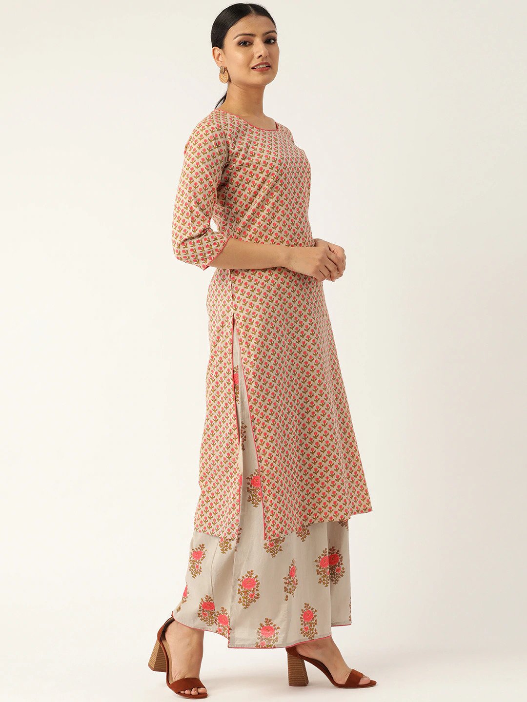 Women Beige & Pink Printed Kurta with Palazzos | NOZ2TOZ - Made In INDIA.