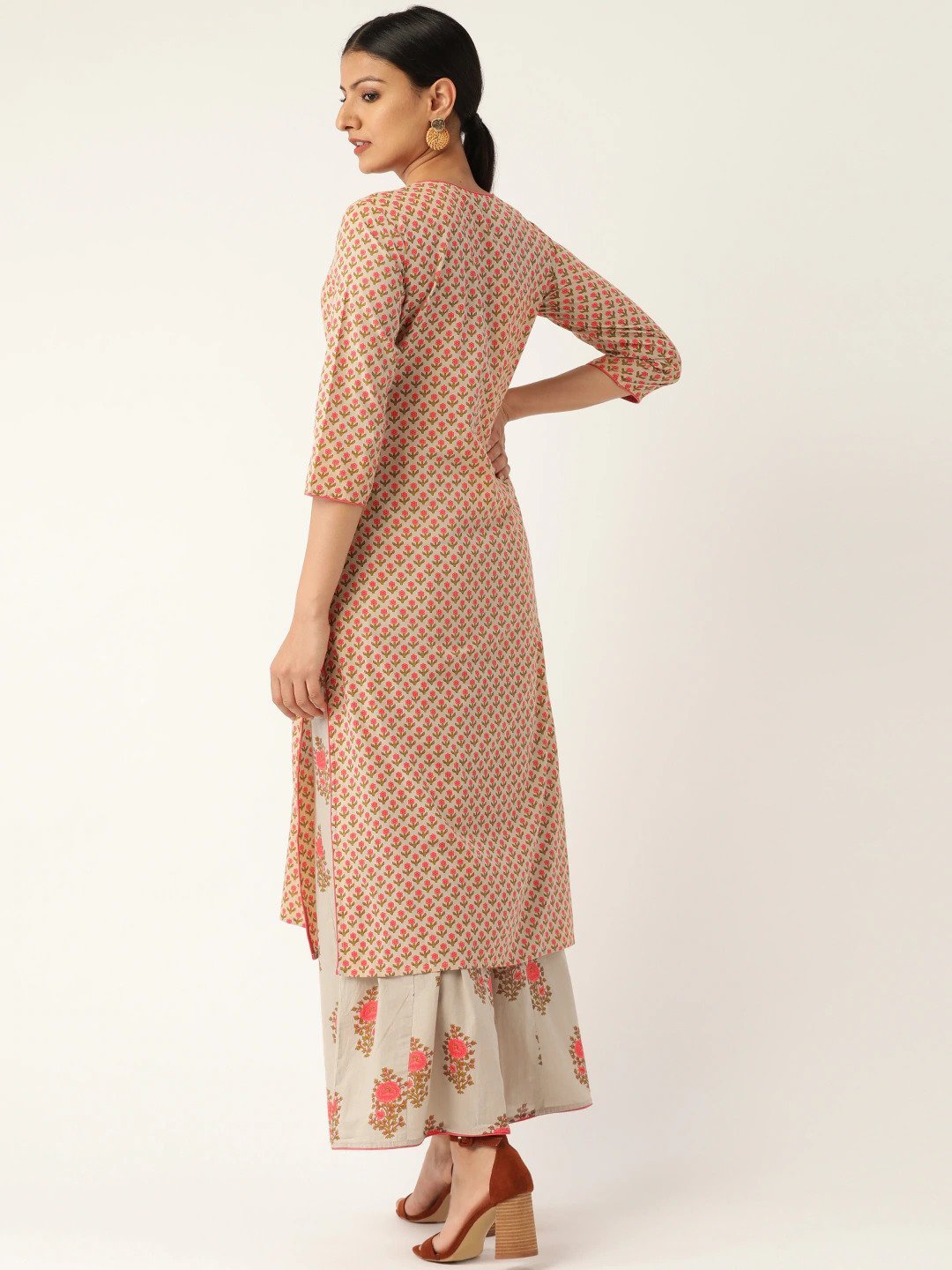 Women Beige & Pink Printed Kurta with Palazzos | NOZ2TOZ - Made In INDIA.