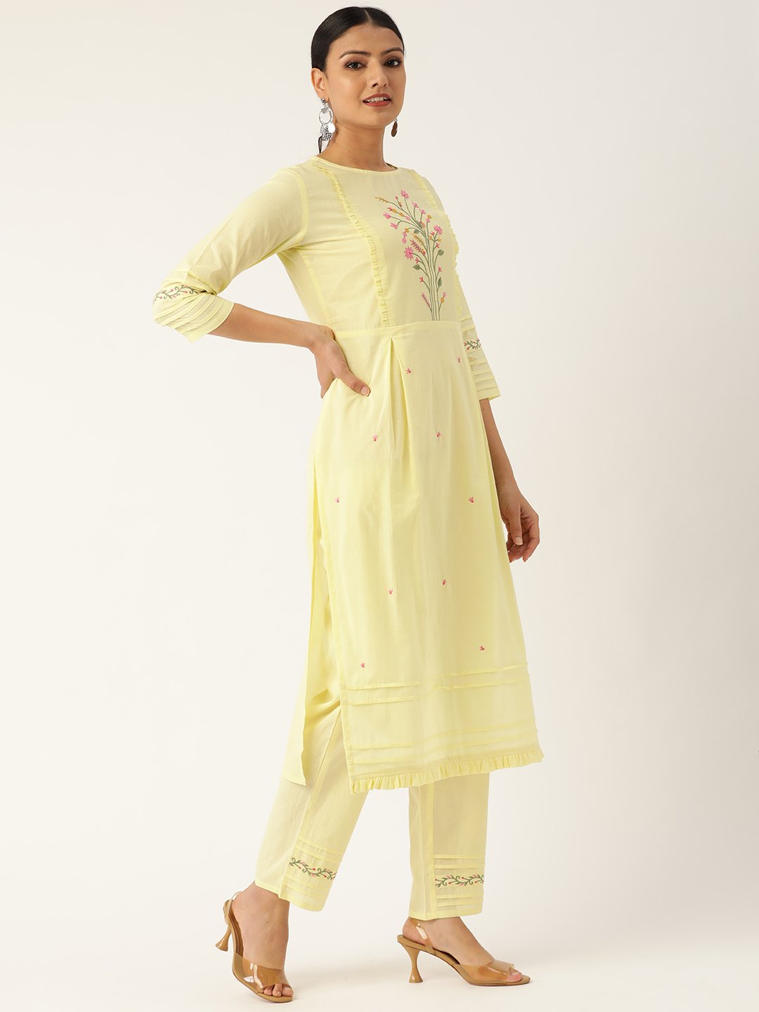 Women Yellow & Pink Embroidered Kurta with Palazzos & Dupatta | NOZ2TOZ - Made In INDIA.