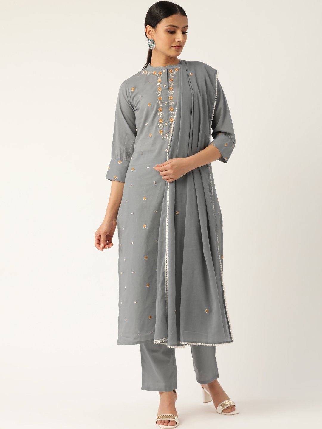 Women Grey & Orange Embroidered Kurta with Trousers & Dupatta | NOZ2TOZ - Made In INDIA.