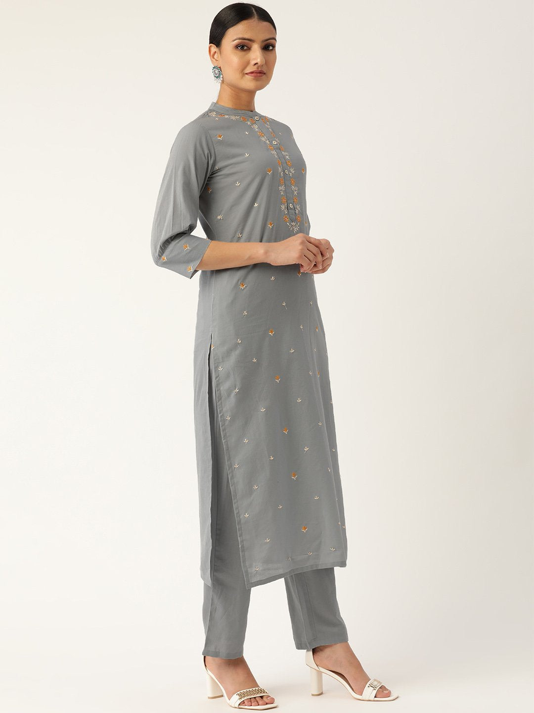 Women Grey & Orange Embroidered Kurta with Trousers & Dupatta | NOZ2TOZ - Made In INDIA.