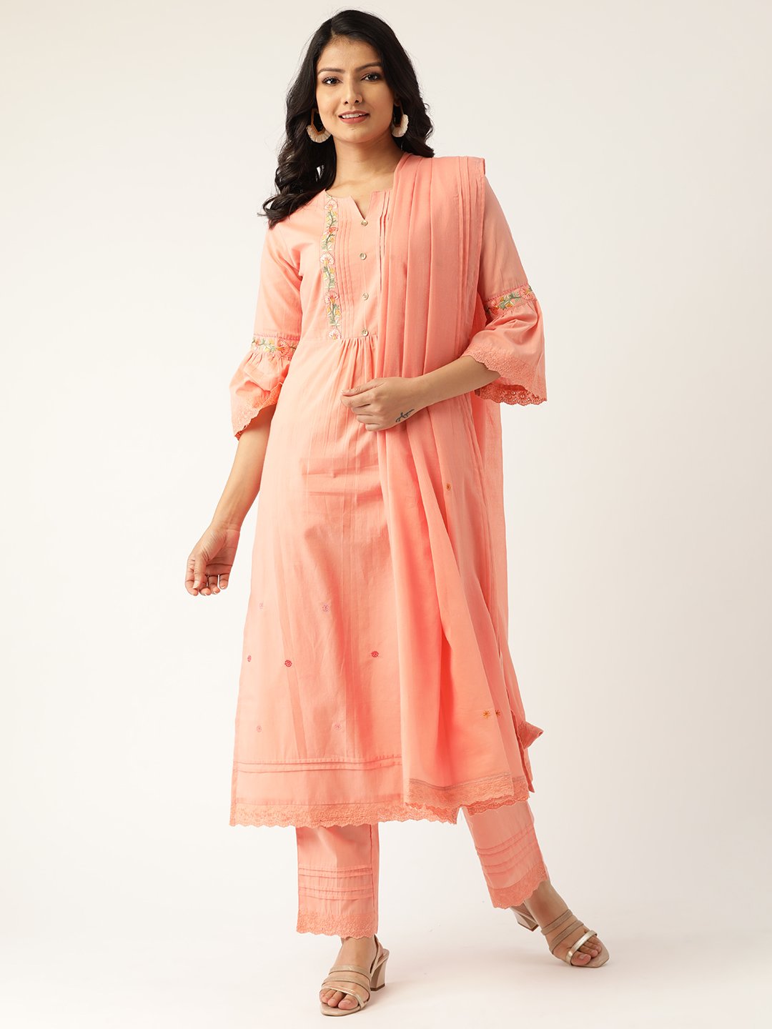 Women Peach-Coloured Embroidered Kurta with Palazzos & Dupatta | NOZ2TOZ - Made In INDIA.