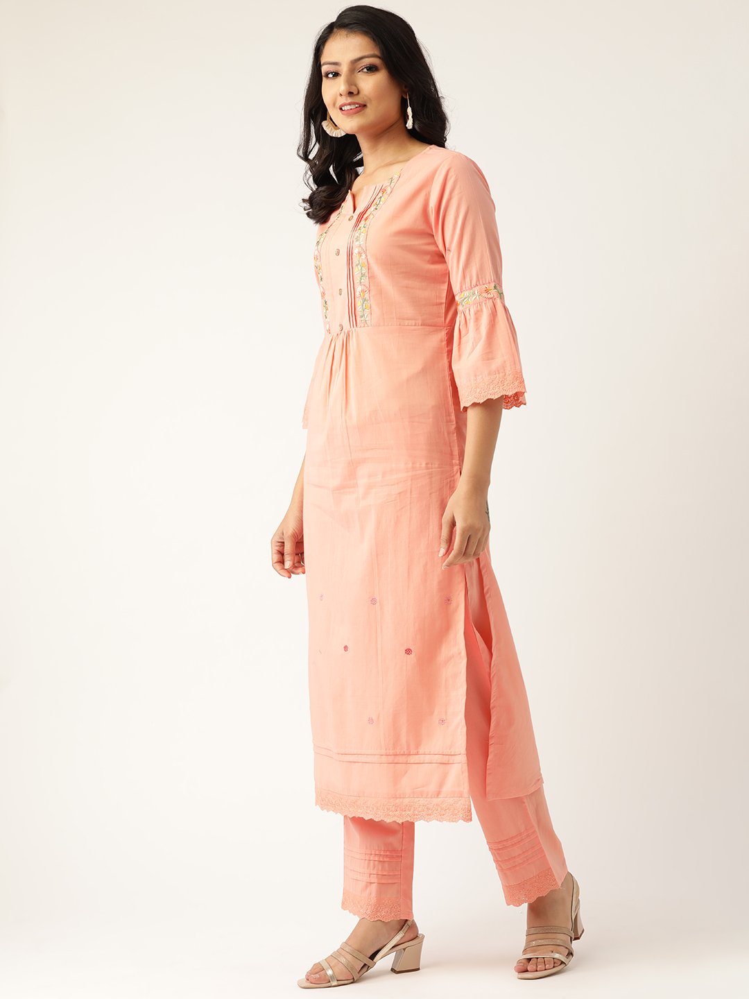 Women Peach-Coloured Embroidered Kurta with Palazzos & Dupatta | NOZ2TOZ - Made In INDIA.