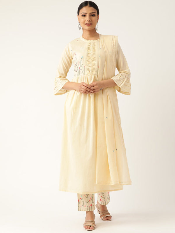 Women Cream-Coloured Yoke Design Kurta with Palazzos & Dupatta | NOZ2TOZ - Made In INDIA.