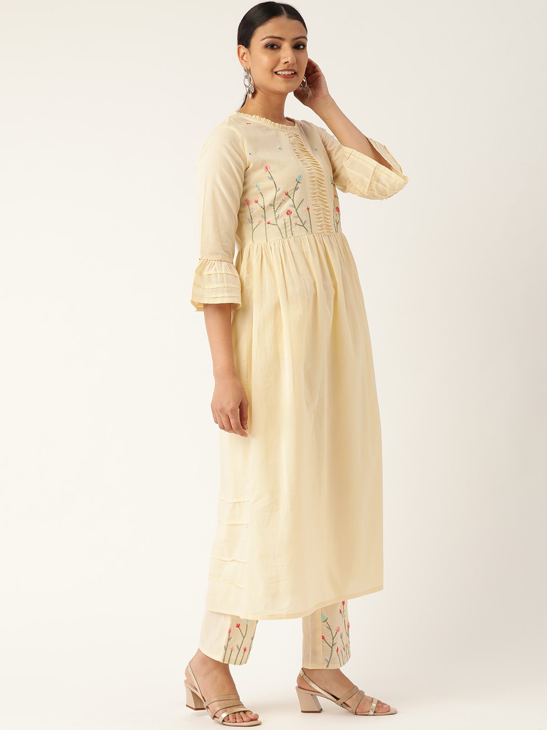 Women Cream-Coloured Yoke Design Kurta with Palazzos & Dupatta | NOZ2TOZ - Made In INDIA.