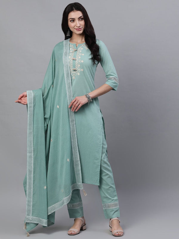 Women Sage Green Three-Quarter Sleeves Straight Kurta Palazzo With Dupatta | NOZ2TOZ - Made In INDIA.