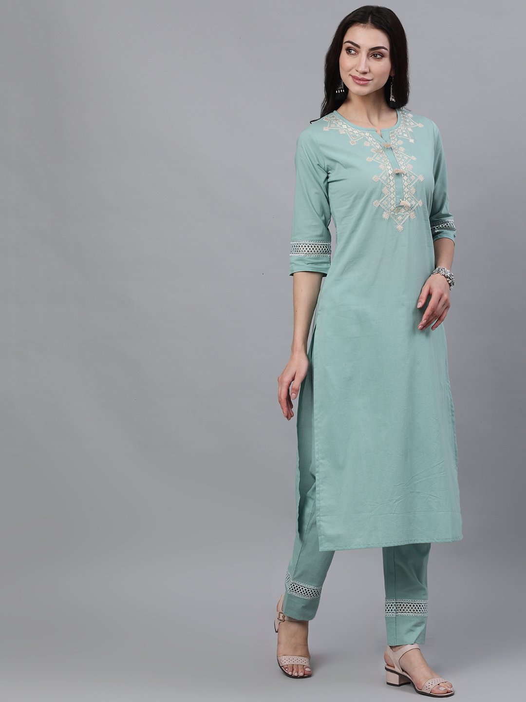 Women Sage Green Three-Quarter Sleeves Straight Kurta Palazzo With Dupatta | NOZ2TOZ - Made In INDIA.