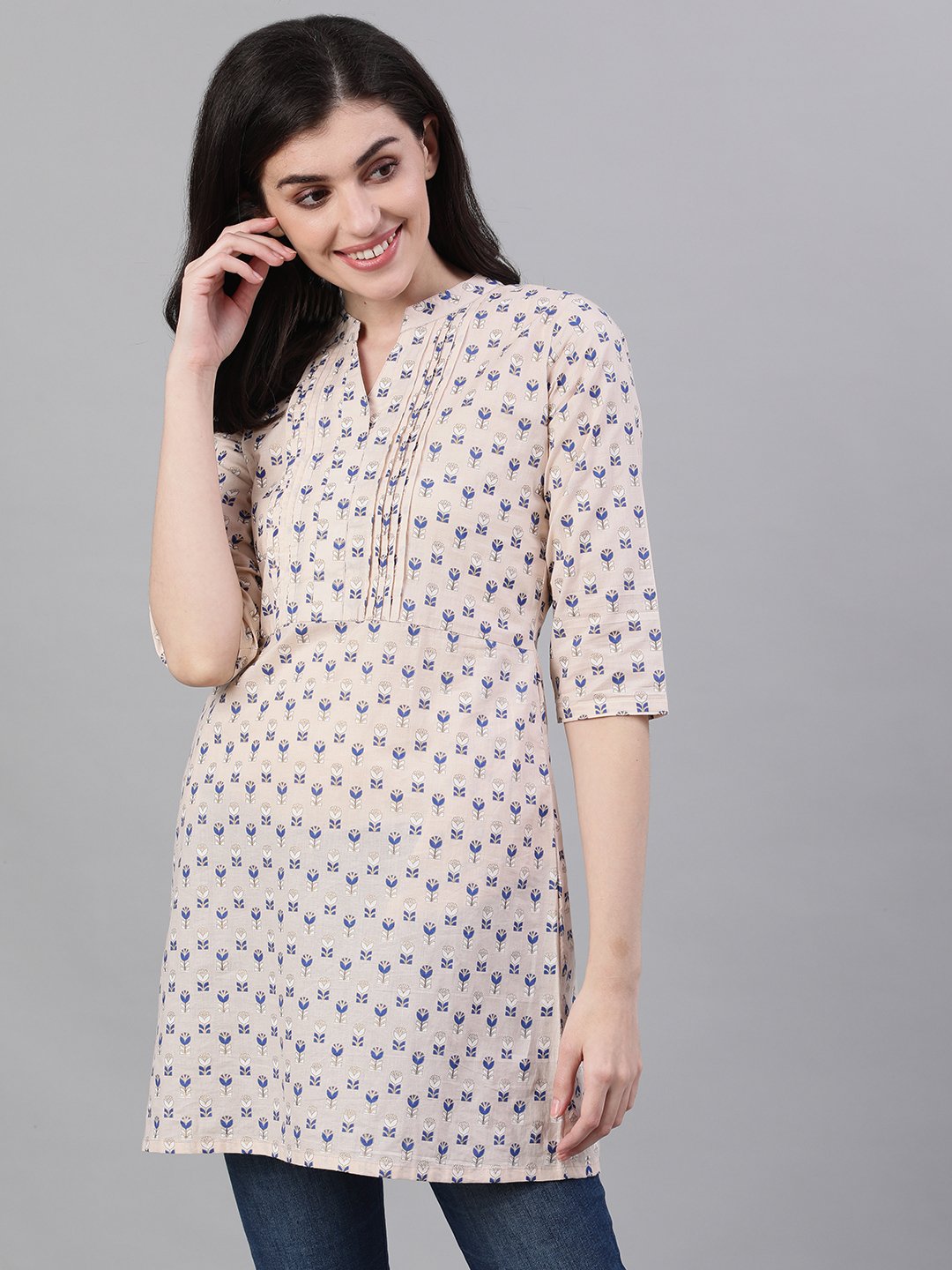 Women beige and blue pin-tuck tunic | NOZ2TOZ - Made In INDIA.