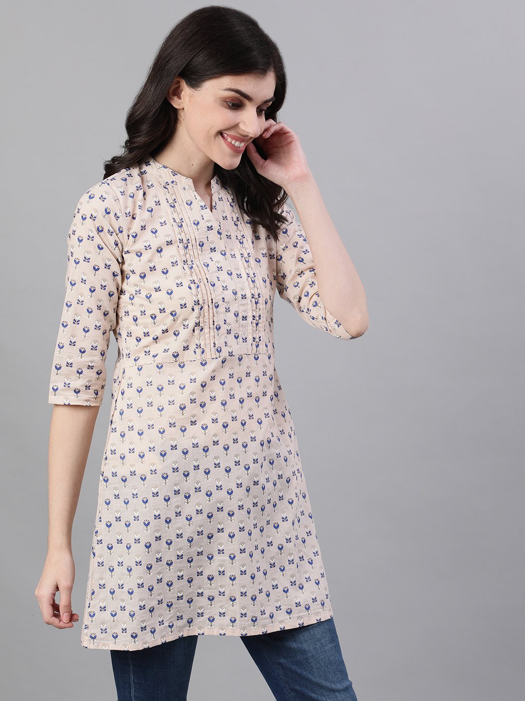 Women beige and blue pin-tuck tunic | NOZ2TOZ - Made In INDIA.