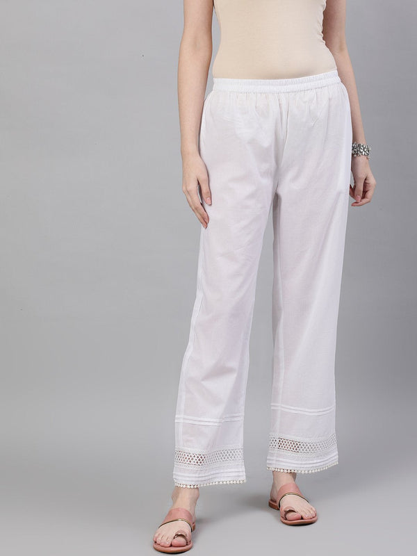 Women White Trouser with lace detailing | NOZ2TOZ - Made In INDIA.