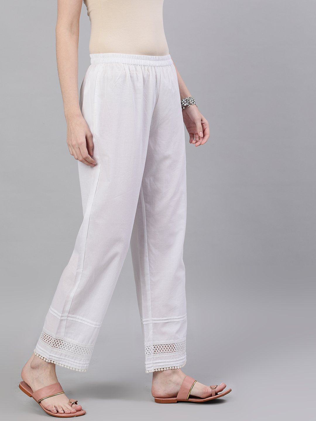 Women White Trouser with lace detailing | NOZ2TOZ - Made In INDIA.