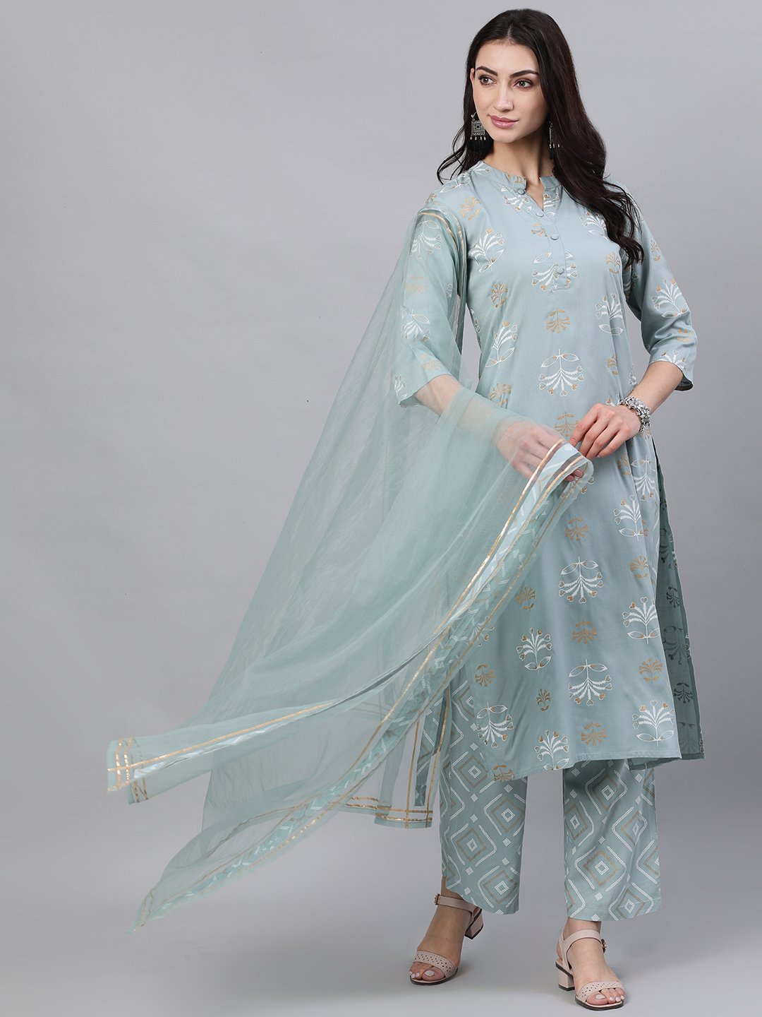 Women Grey Three-Quarter Sleeves Straight Kurta Palazzo With Dupatta | NOZ2TOZ - Made In INDIA.