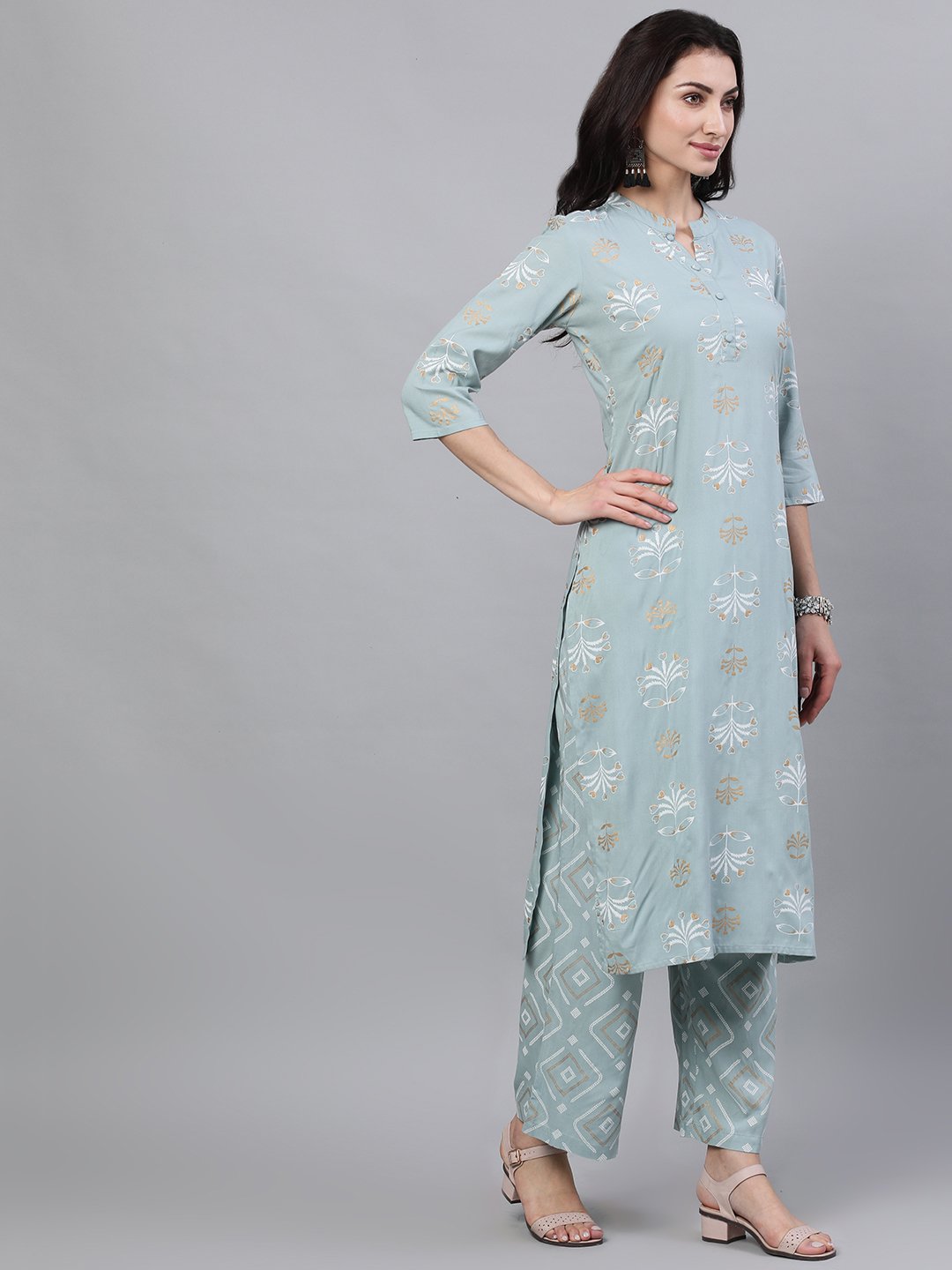 Women Grey Three-Quarter Sleeves Straight Kurta Palazzo With Dupatta | NOZ2TOZ - Made In INDIA.