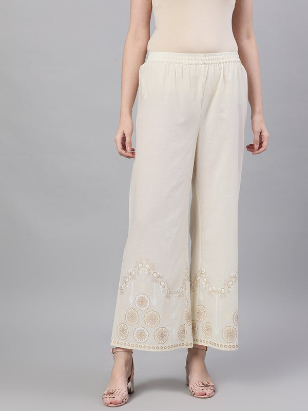 Women Off White Trouser with border print | NOZ2TOZ - Made In INDIA.