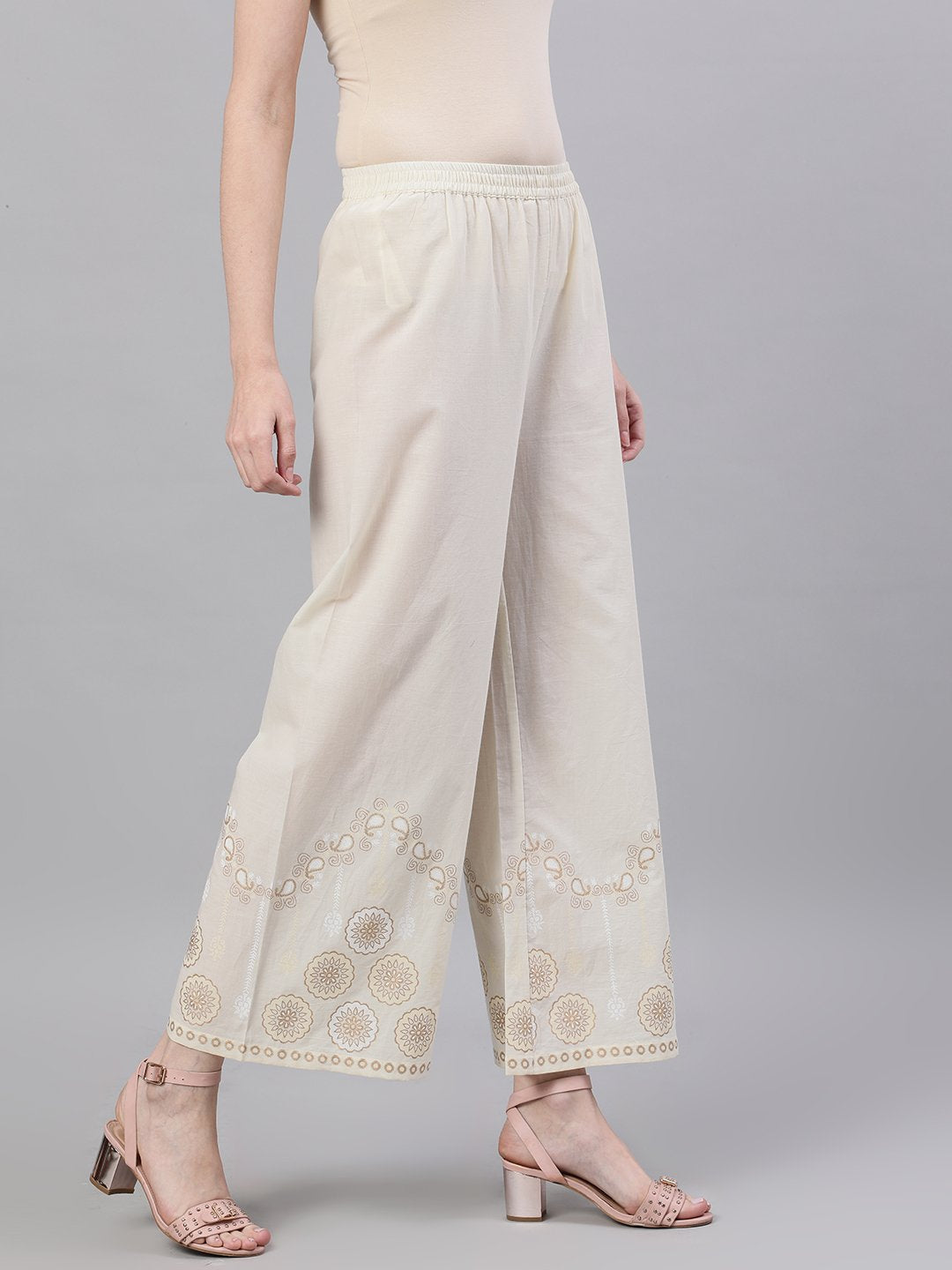 Women Off White Trouser with border print | NOZ2TOZ - Made In INDIA.