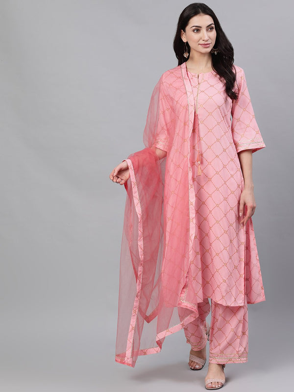 Women Peach Three-Quarter Sleeves Straight Kurta Palazzo With Dupatta | NOZ2TOZ - Made In INDIA.