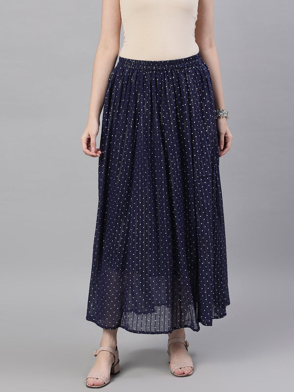 Women Navy blue polka dot printed maxi skirt | NOZ2TOZ - Made In INDIA.