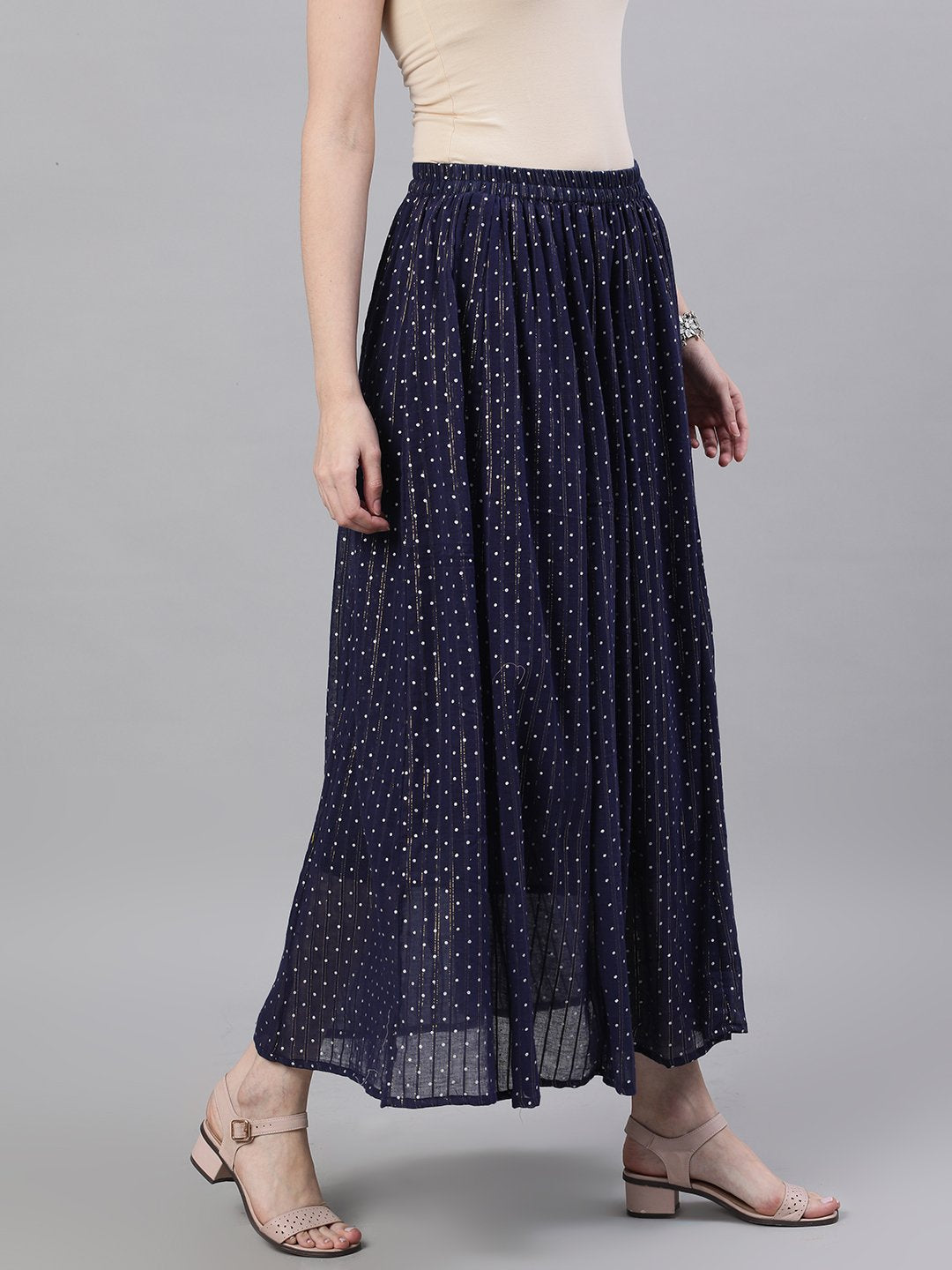 Women Navy blue polka dot printed maxi skirt | NOZ2TOZ - Made In INDIA.