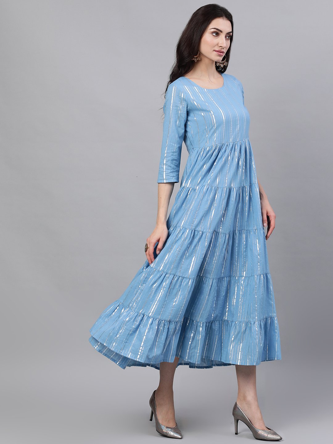 Women Blue Solid Solid Round Neck Cotton Maxi Dress | NOZ2TOZ - Made In INDIA.