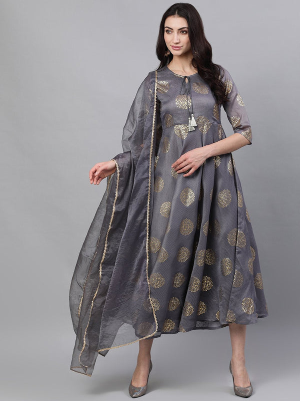 Women Grey Ethnic Motifs Printed Tie-Up Neck Cotton Maxi Dress With Dupatta | NOZ2TOZ - Made In INDIA.