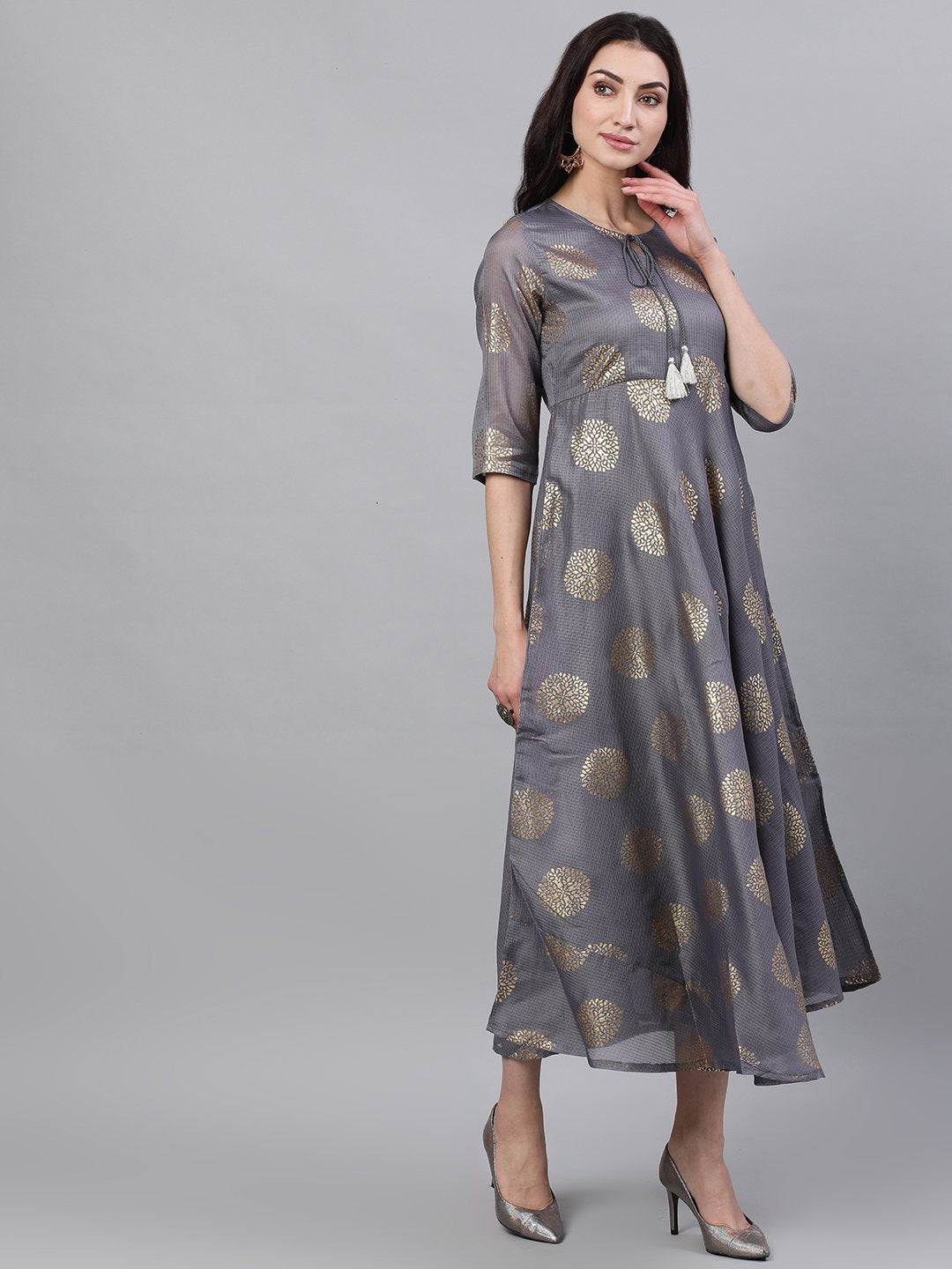 Women Grey Ethnic Motifs Printed Tie-Up Neck Cotton Maxi Dress With Dupatta | NOZ2TOZ - Made In INDIA.