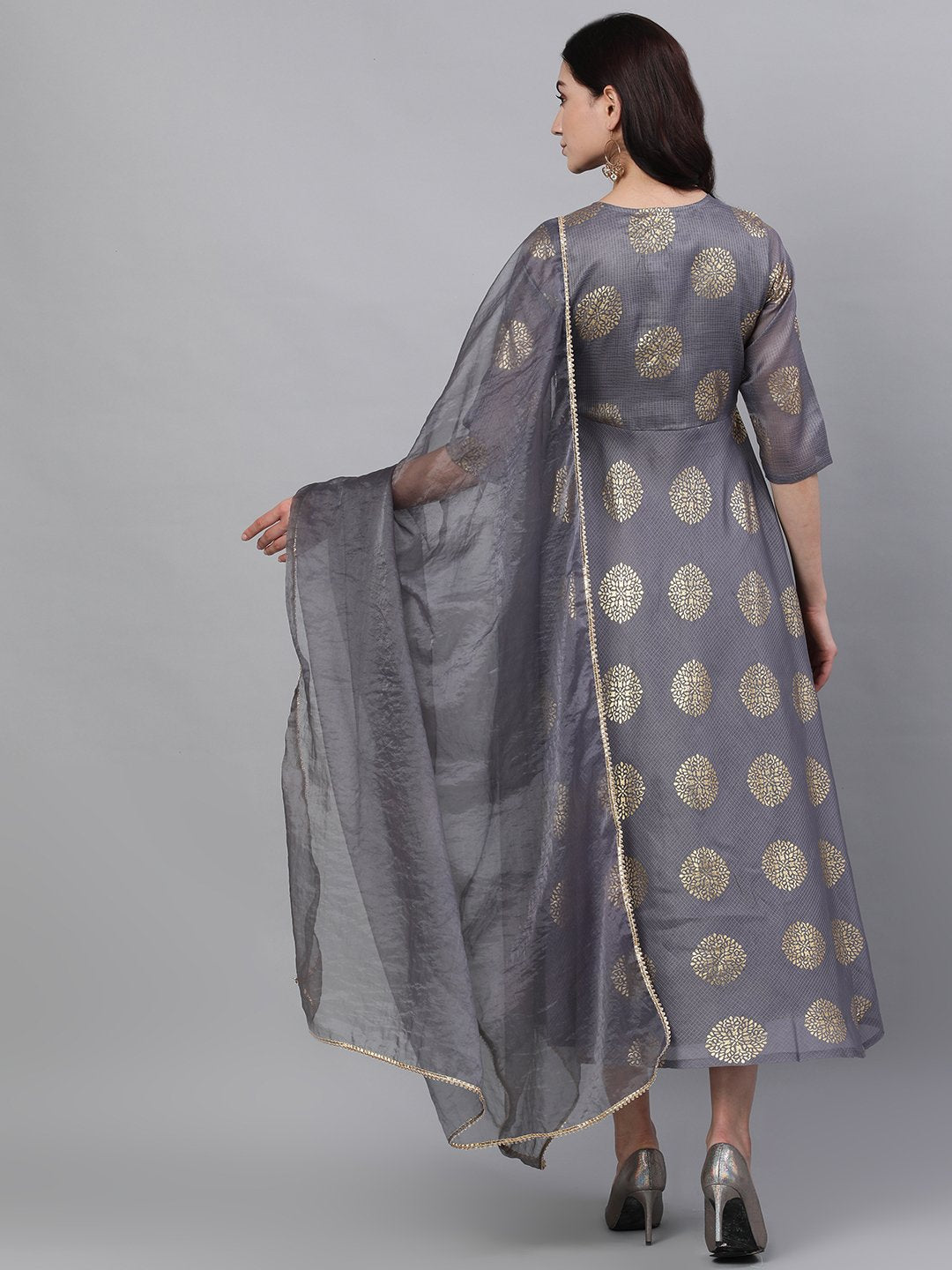 Women Grey Ethnic Motifs Printed Tie-Up Neck Cotton Maxi Dress With Dupatta | NOZ2TOZ - Made In INDIA.