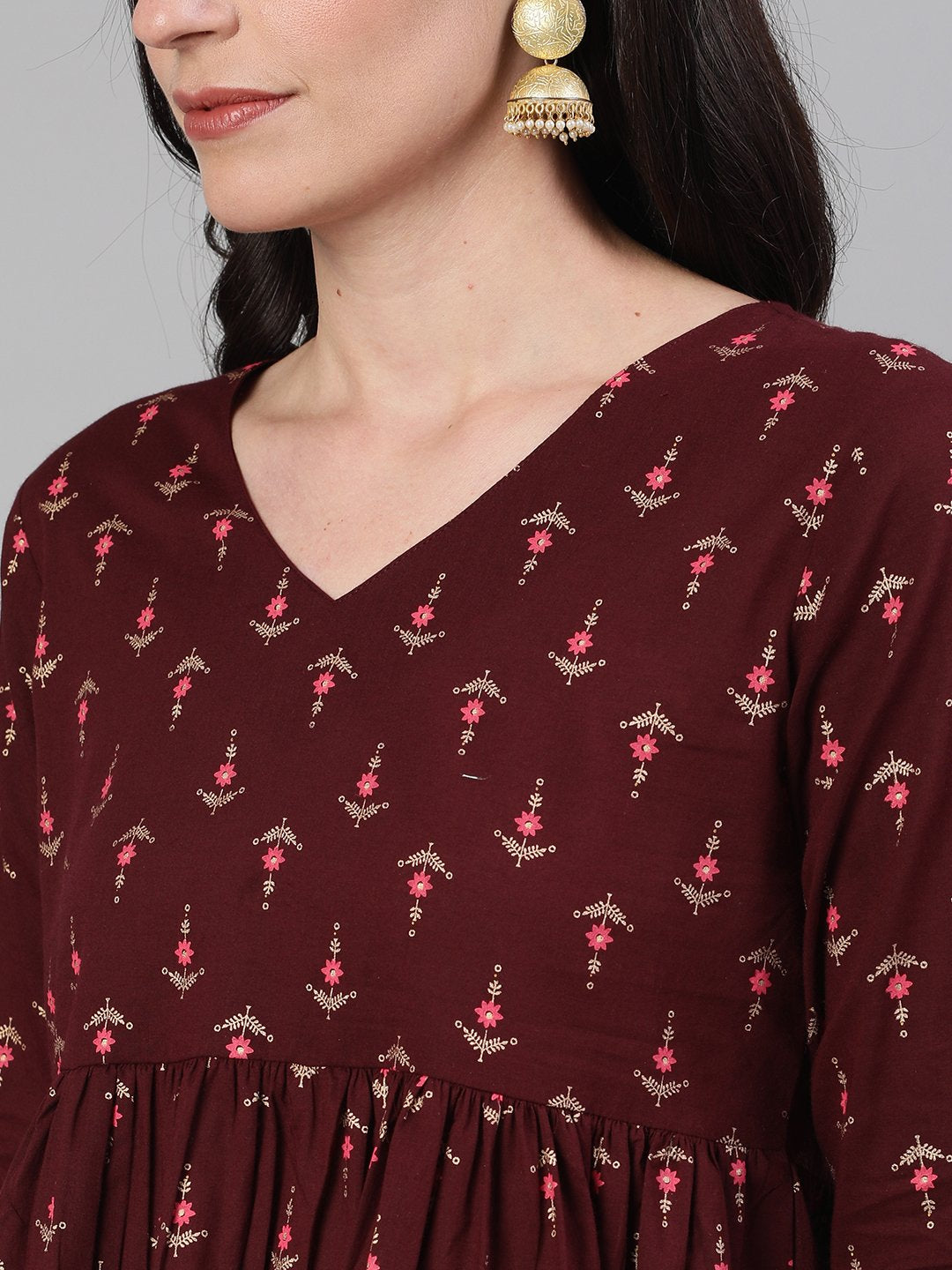 Women Wine Elbow Sleeves Printed A line Top with Face Mask | NOZ2TOZ - Made In INDIA.