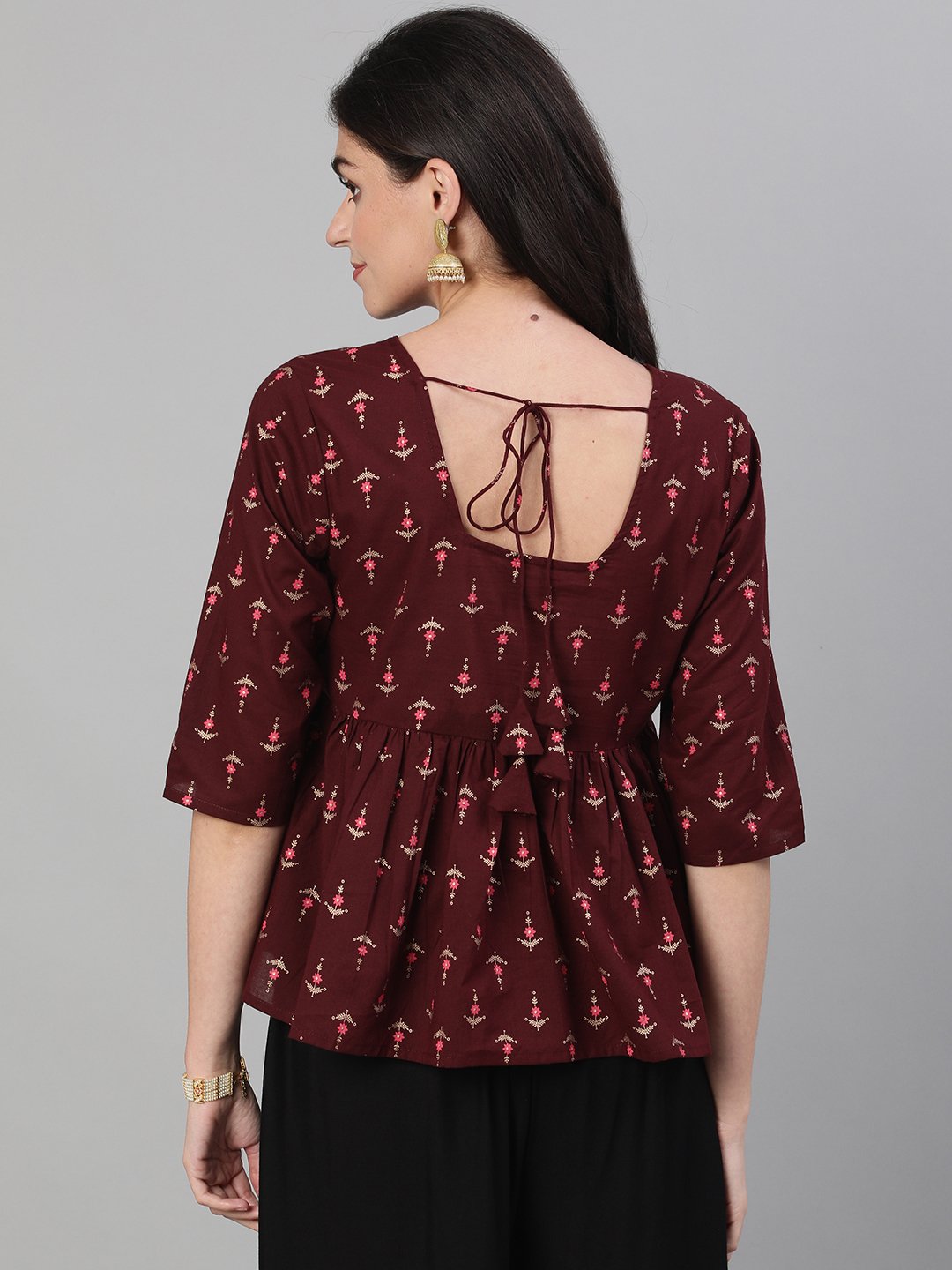 Women Wine Elbow Sleeves Printed A line Top with Face Mask | NOZ2TOZ - Made In INDIA.