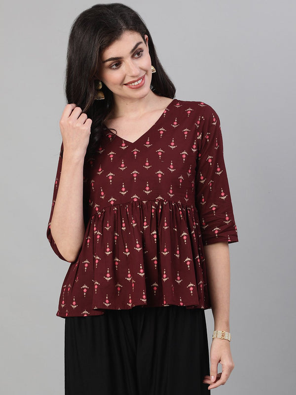 Women Wine Elbow Sleeves Printed A line Top with Face Mask | NOZ2TOZ - Made In INDIA.