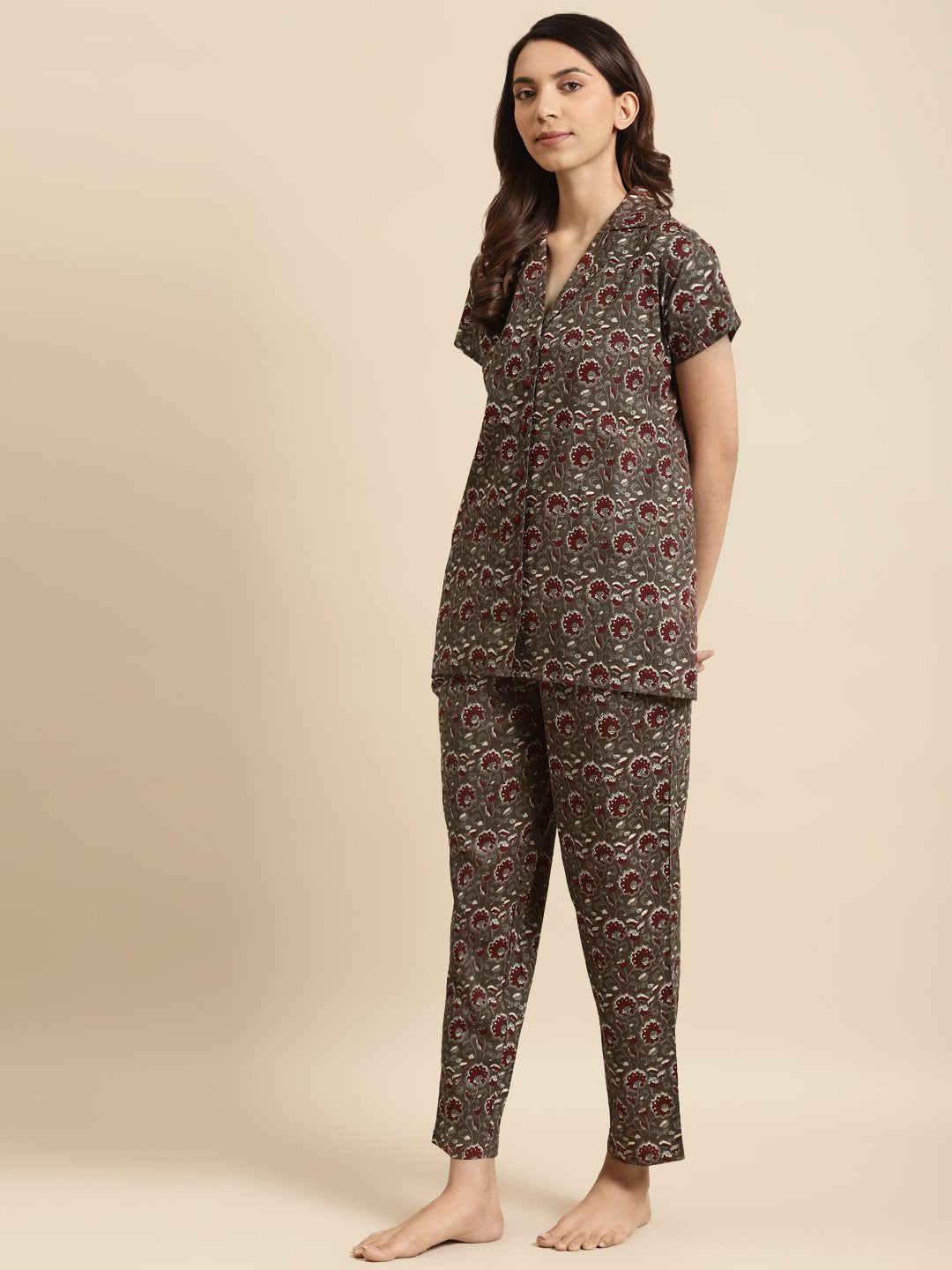 Womens Taupe & Maroon Printed Night Suit | NOZ2TOZ - Made In INDIA.