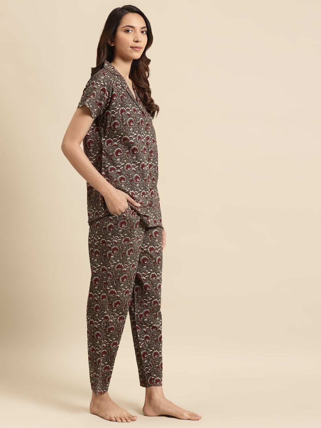 Womens Taupe & Maroon Printed Night Suit | NOZ2TOZ - Made In INDIA.