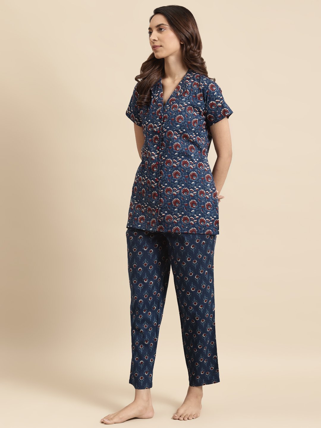 Womens Blue & Maroon Printed Night Suit | NOZ2TOZ - Made In INDIA.