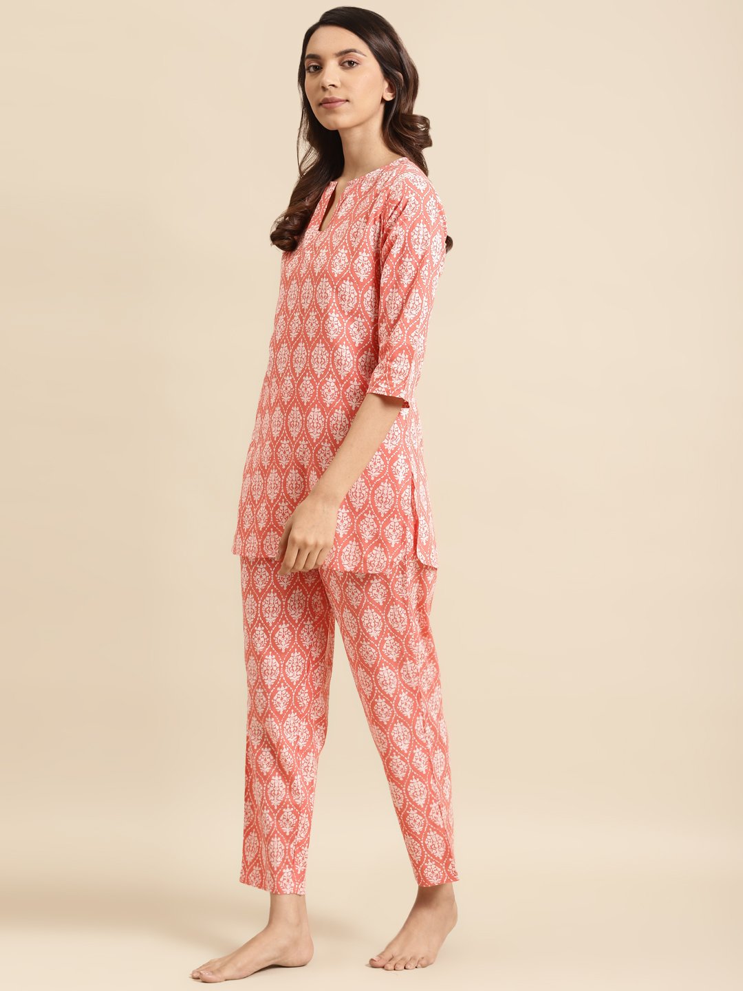 Womens Peach & Off White Printed Night Suit | NOZ2TOZ - Made In INDIA.