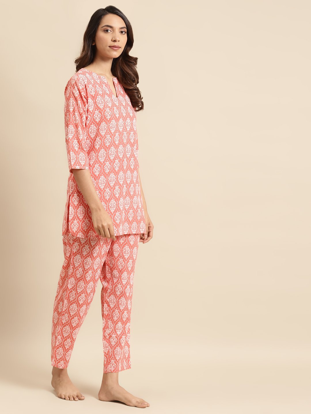 Womens Peach & Off White Printed Night Suit | NOZ2TOZ - Made In INDIA.