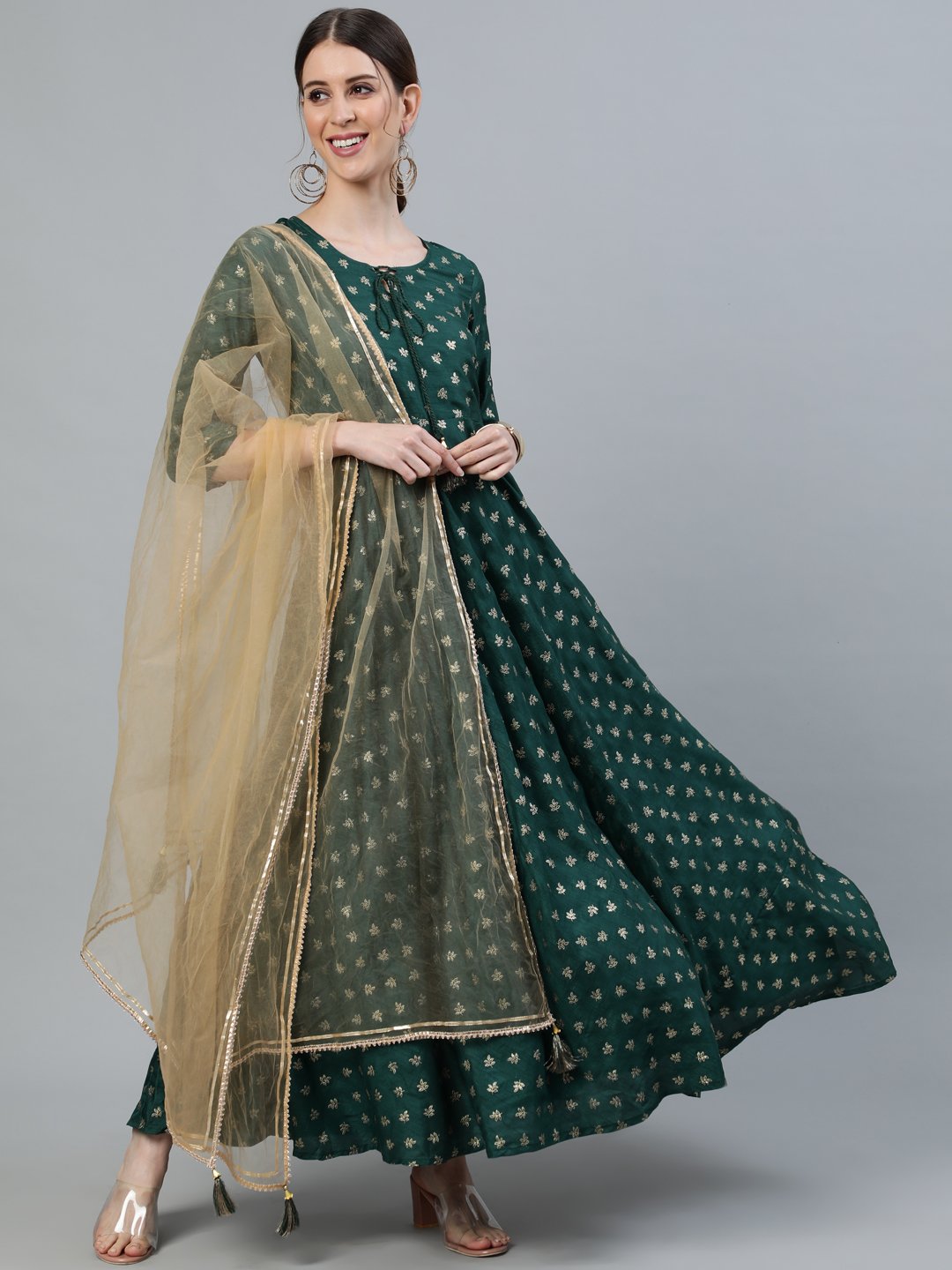 Women Green foil Printed Maxi Dress With Embroidered Net Dupatta | NOZ2TOZ - Made In INDIA.