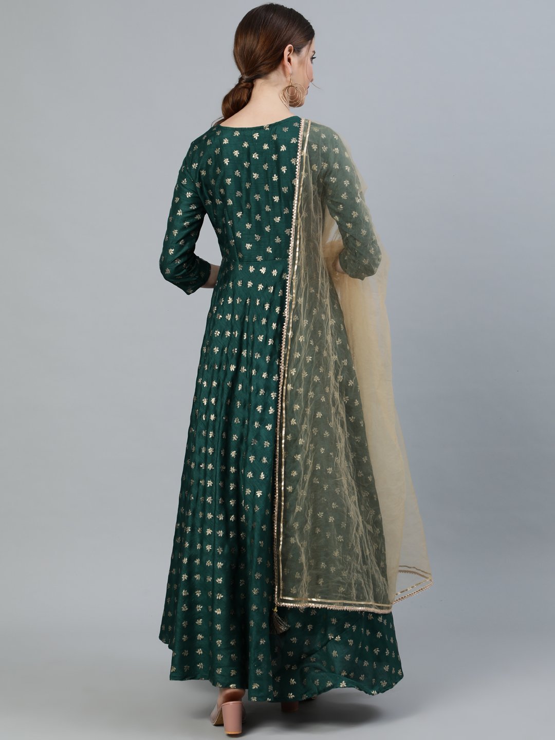 Women Green foil Printed Maxi Dress With Embroidered Net Dupatta | NOZ2TOZ - Made In INDIA.