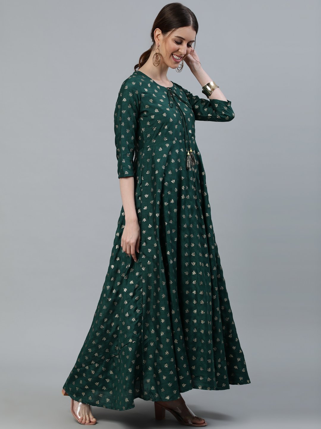 Women Green foil Printed Maxi Dress With Embroidered Net Dupatta | NOZ2TOZ - Made In INDIA.