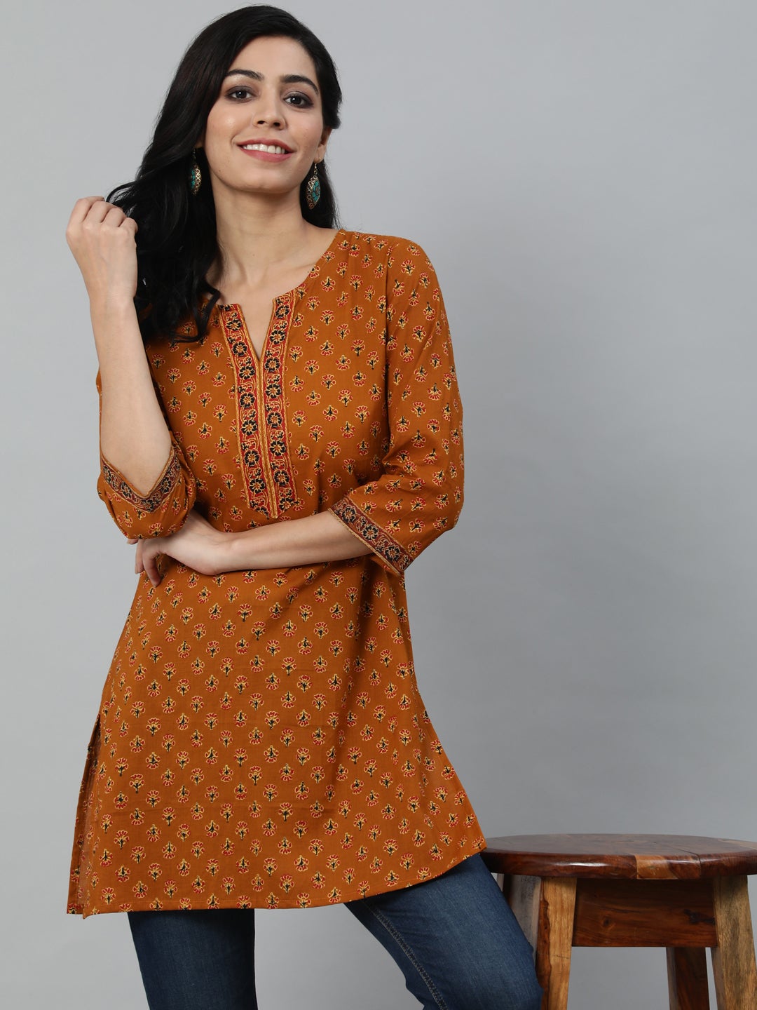 Women Mustard & Red Printed Tunic | NOZ2TOZ - Made In INDIA.