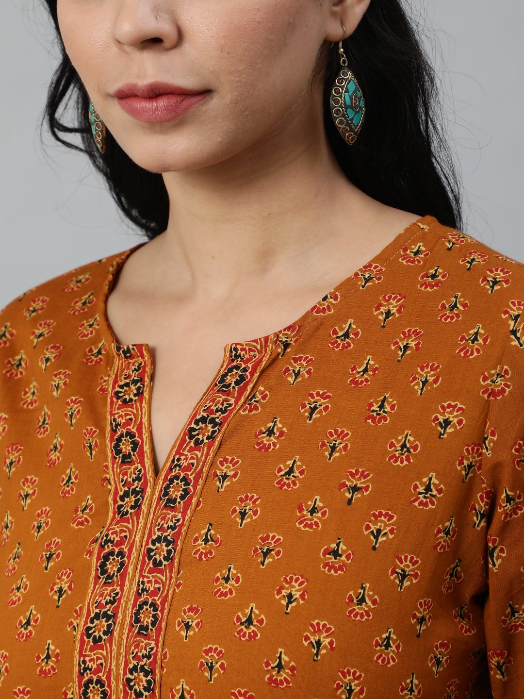 Women Mustard & Red Printed Tunic | NOZ2TOZ - Made In INDIA.