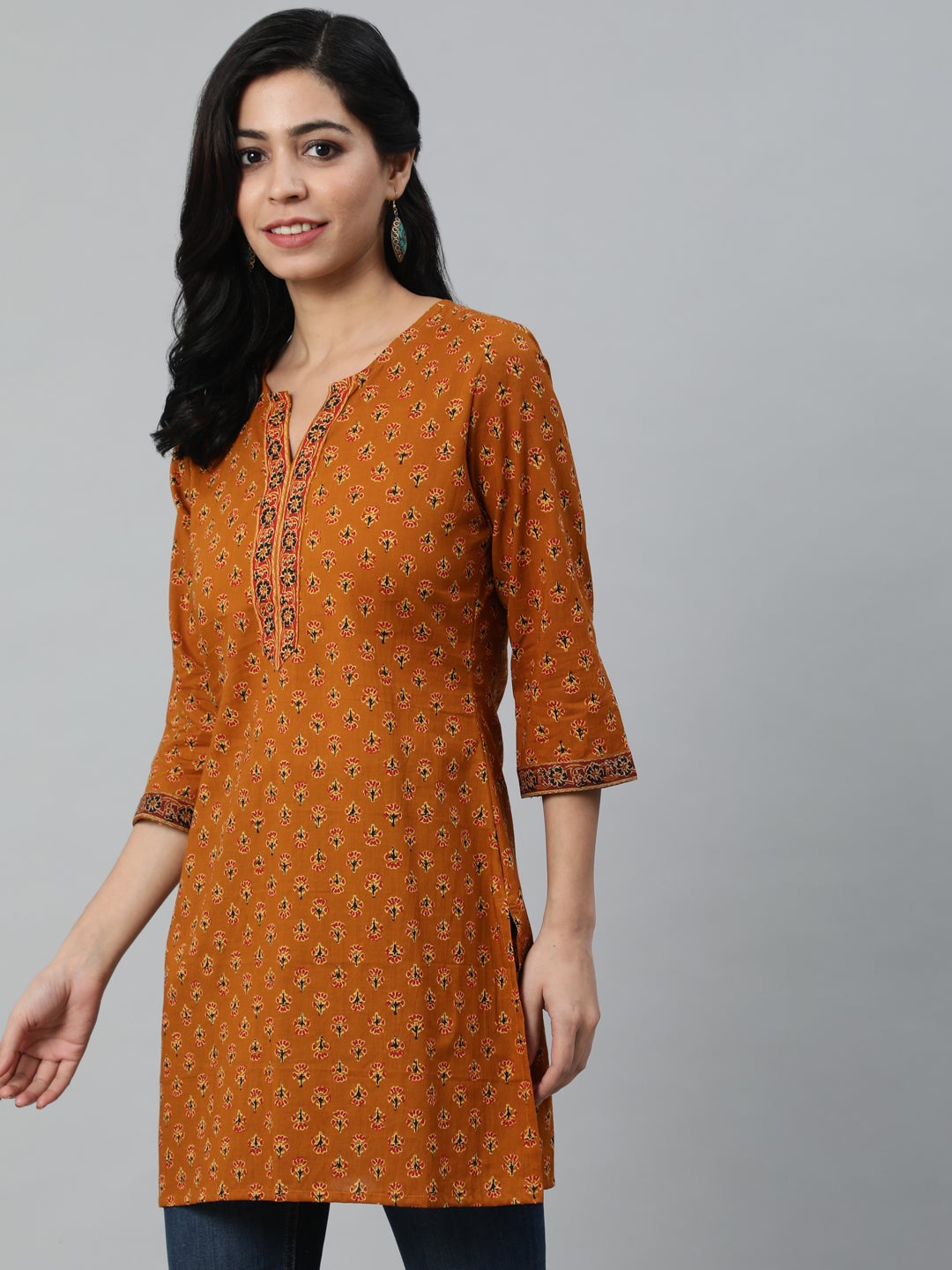 Women Mustard & Red Printed Tunic | NOZ2TOZ - Made In INDIA.