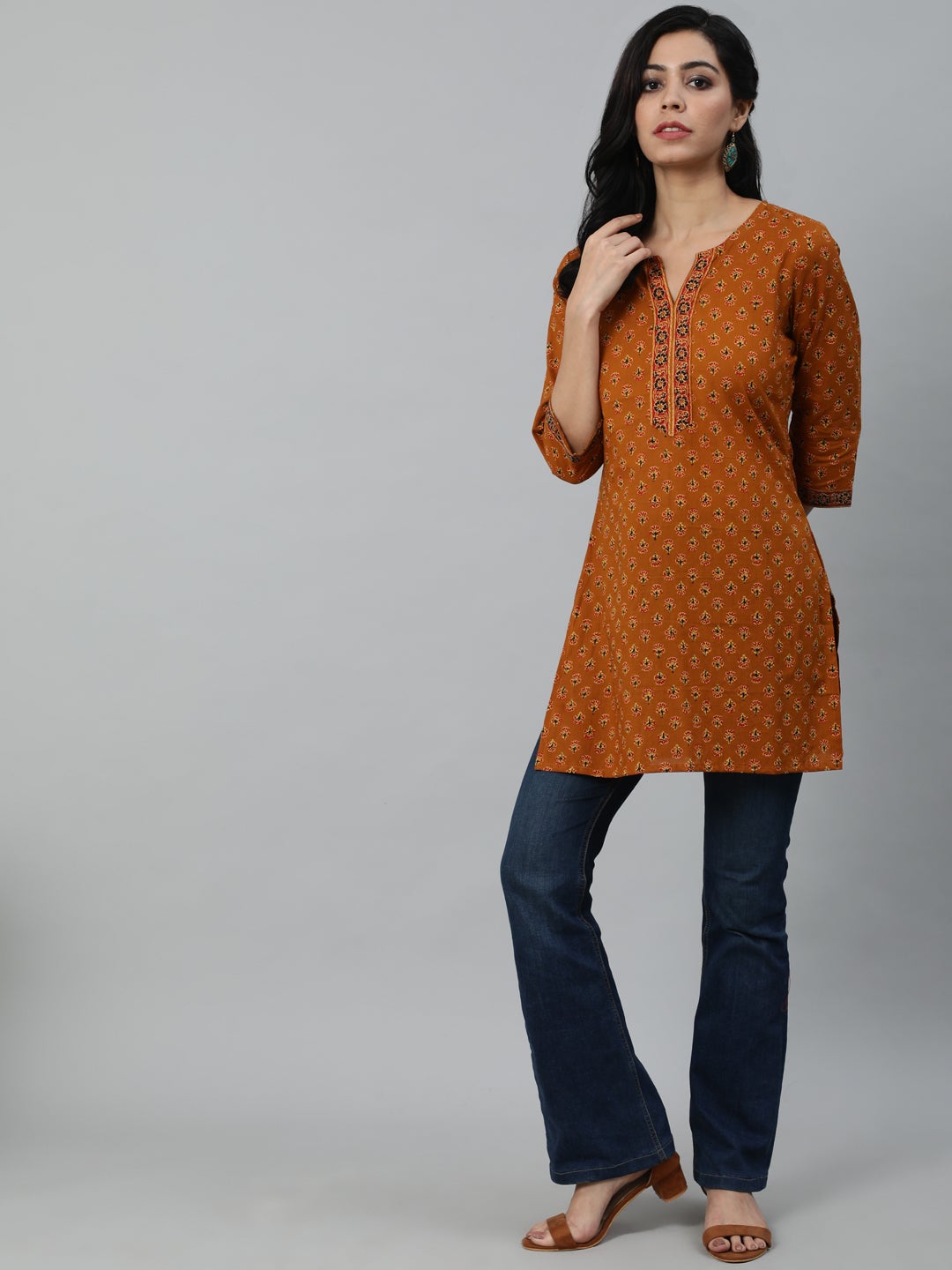 Women Mustard & Red Printed Tunic | NOZ2TOZ - Made In INDIA.