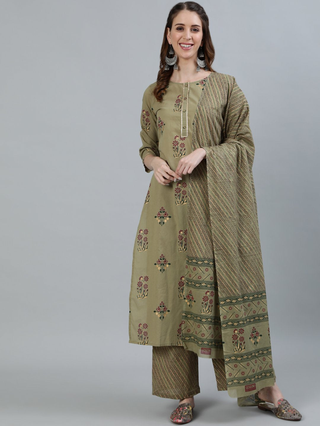 Women Olive Embroidered Layered Pure Cotton Kurti with Trousers & With Dupatta | NOZ2TOZ - Made In INDIA.