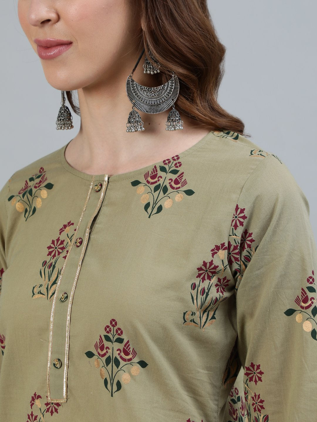 Women Olive Embroidered Layered Pure Cotton Kurti with Trousers & With Dupatta | NOZ2TOZ - Made In INDIA.