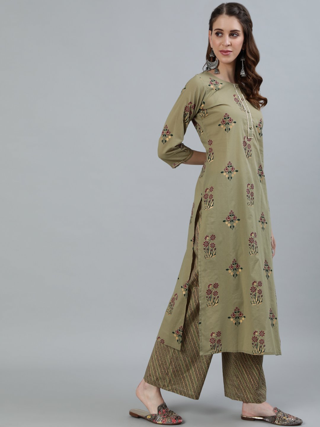 Women Olive Embroidered Layered Pure Cotton Kurti with Trousers & With Dupatta | NOZ2TOZ - Made In INDIA.